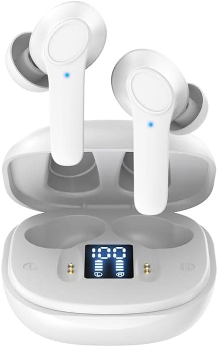 Wireless Headphones, Built-in Noise Cancelling Microphone, HD Calls, Battery Display Charging Case, for iPhone and Android, IPX7 Waterproof Earbuds White