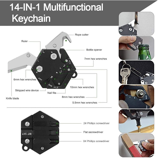 14 i 1 Multifunktionell Nyckelring EDC Multifunktionell Hexagon Nyckelring Multifunktionell Hexagon Fällbart Myntverktyg Utomhus Camping Su