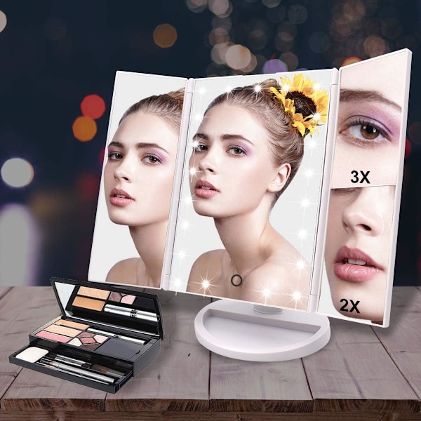 21 LED Touch Dimming Makeup Mirror with Lights, Trifold Vanity Mirror Offers Daylight Experience Everywhere