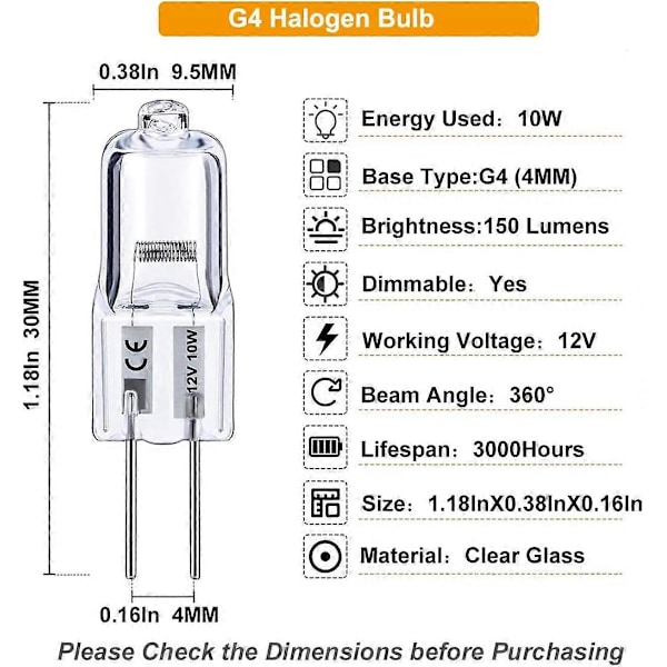 G4-lampa, 10-pack Halogen G4 12V 10W med G4 Bi-pin-sockel, Högeffekts G4-lampa 12V 150LM 3000 timmars livslängd, G4 dimbar, CRI100 & 2800K{EE}