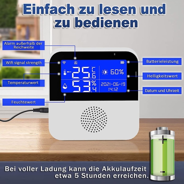 Wifi-termometer Hygrometer och fuktighetssensor med LCD-skärm, ljudlarm och larmapp, smart temperatur- och fuktsensor för växthusgas
