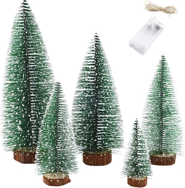 Small Snow Christmas Tree 5 Pcs Artificial Frosted Trees and 1M String Lights Mini Ornaments Tabletop Trees Plastic Winter DIY Crafts
