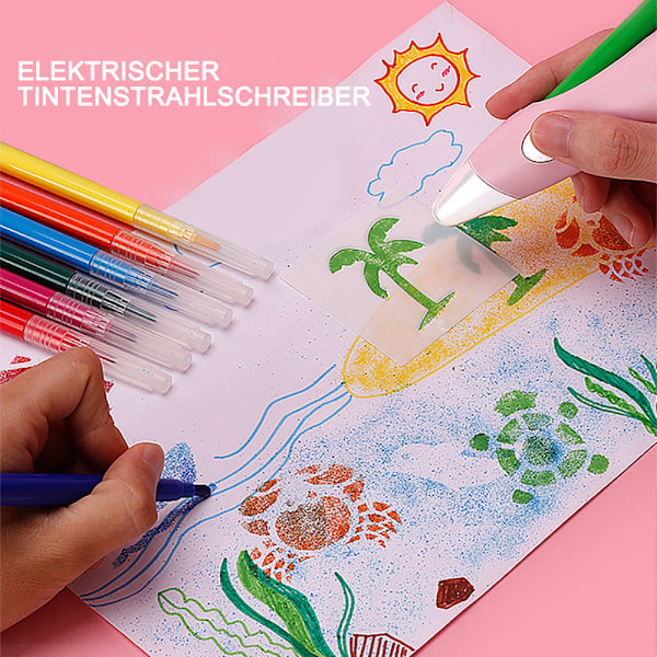 Elektrisk malerspraypen, airbrush sæt til børn med 8 filtpenne og 13 stencils, airbrush sjov malerspray til børn, giftfri
