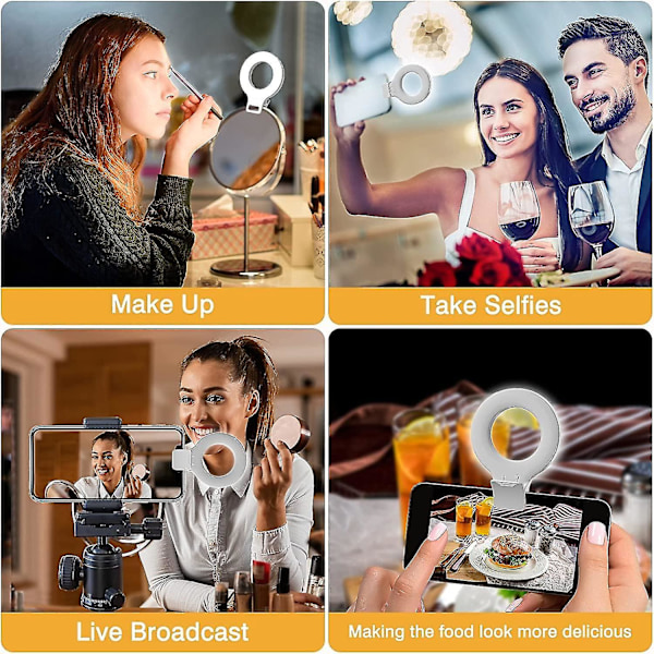 Clip-on Ring Light, Genopladelig 60 LED Selfie Ring Light til Telefon, Laptop, Tablet (3 Modeller)