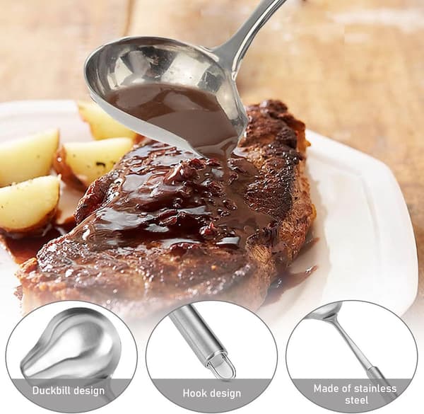 Sovseske med tud - 2-pak rustfrit stål sovseske 26,8 cm - Serveringsske til saucer og supper med krog