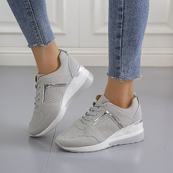 Lace up Wedge Sports Snickers Vulcanized Casual Comfy Shoes for Women gray 39
