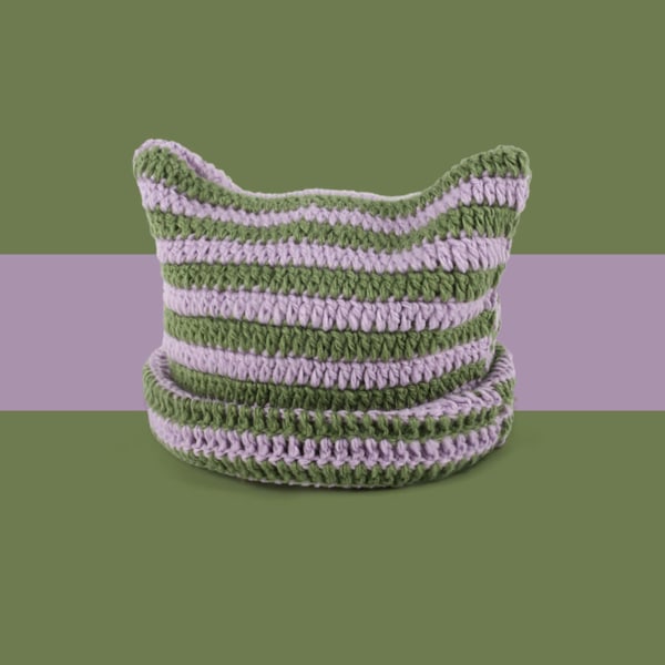 Stickad Kattmössa med Öron, Randig Varm Elastisk Vintermössa, Lila och Grön Purple and Green