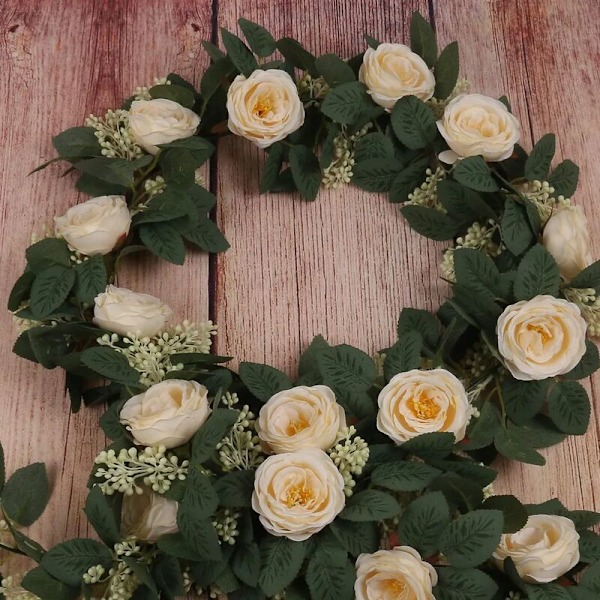 Kunstig rosekrans med grønne blader 200cm 2 stk blomsterkrans for hjemmebryllupsdekorasjon