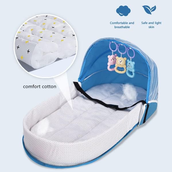 Bærbar babynest sammenklappelig rejseseng med åndbart net vaskbar blå 35x40x13cm