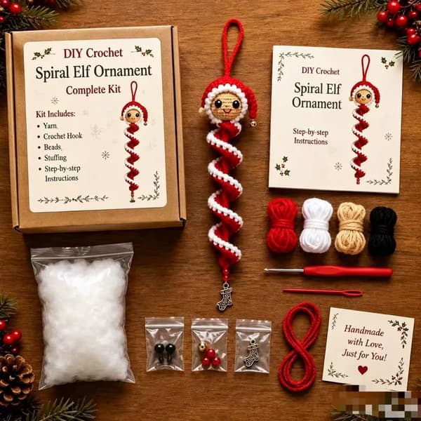 Hæklet julepynt DIY-sæt, spiralhæklesæt til snemand, julemand, træ og nissepynt