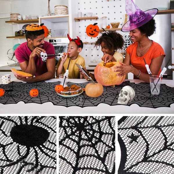 Halloween Dug Sort Blonde Edderkoppespind Design Til Fest Spisebordsdekorationer 33x183cm