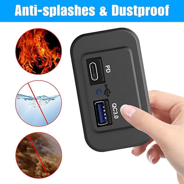 2 stk. 12V USB-uttak, dobbel hurtiglading 3.0 12V-uttak USB-lader & PD Type-c (USB C), 12V 24V USB-lader vanntett strømadapter billader