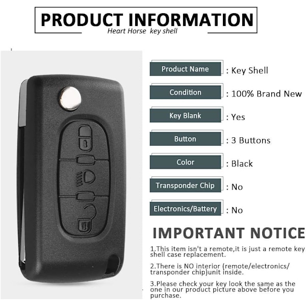 433MHz Fjärrkontroll Nyckelskal med 3 Knappar, Vikbart, PCF7941 Chip och HU83 Blad för Peugeot Ci-tro-en C2 C3 C4 C5 Berlingo Picasso CE0523 + HU83 blade