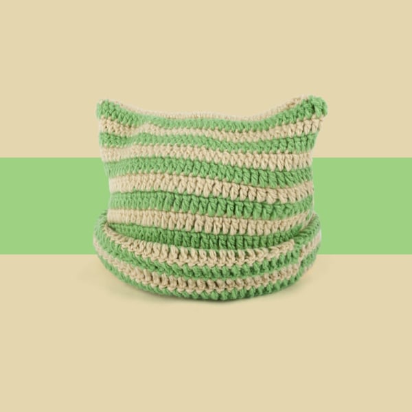 Stickad Kattmössa med Öron, Randig Varm Elastisk Vintermössa, Beige och Grön Beige and Green