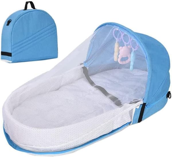 Bærbar babynest sammenklappelig rejseseng med åndbart net vaskbar blå 35x40x13cm