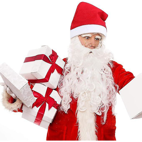 5-delt julenissekostyme, morsom parykk, hansker og skjegg til julebordet