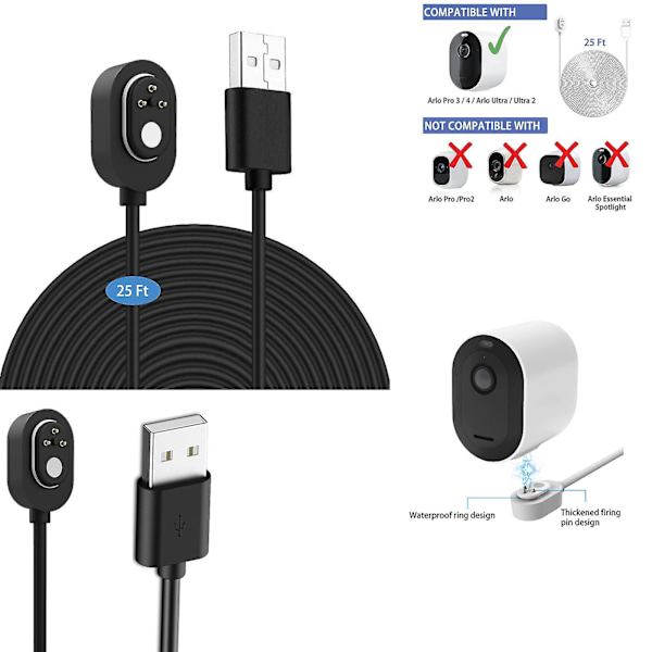 Værbestandig utendørs ladekabel, 25 fot/7,6 m, for Arlo Ultra/Ultra 2/Pro 3/Pro 4/Go 2/Pro 5s (svart)