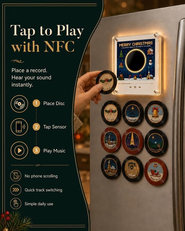 Christmas Vinyl Player Fridge Record NFC Magnetic Music Box Set Mini Jingle Magnets, Refrigerator Custom Storage, Personalized Retro, 9 Programmable Parts
