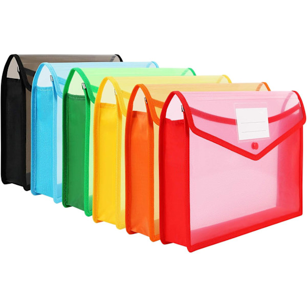 TS, 6 stk. popper-pung plastmapper dokumentmapper kuvertlommer stor kapacitet med knaplukning, vandtæt transparent fil Colored
