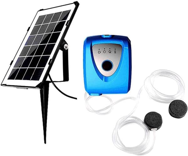 Solarluftpump, akvariumluftare, dammluftare, med akvariumsyrgasslang och luftsten (Blå)