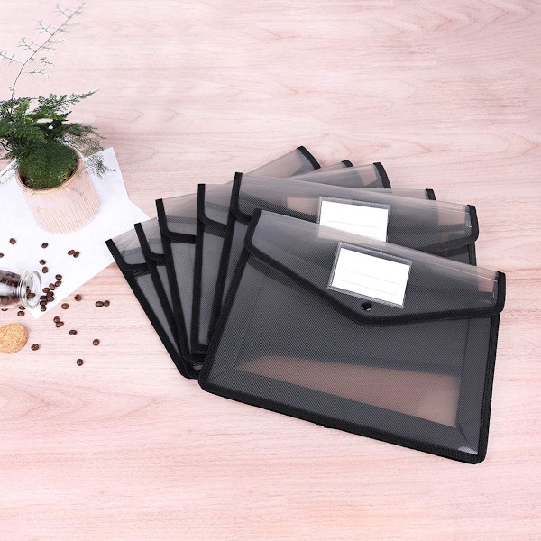 TS, 6 stk. popper-pung plastmappe poly-kuvert udvidelsesmappe dokumentmappe med snaplås og kortslot, premium lomme Black