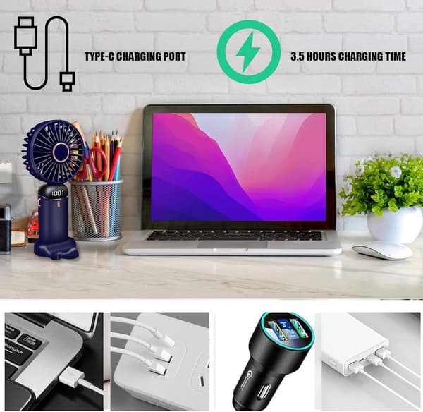 Jsdoin Håndholdt Blæser - USB Genopladelig, 5 Hastigheder, Foldbar, LED-Skærm DarkBlue