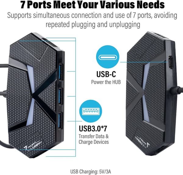 USB Hub 3.0 med strømadapter 7 porte højhastigheds dataoverførsel forlængerkabel 1,2 m indbygget LED-lys til PC bærbar desktop flashdrev sort