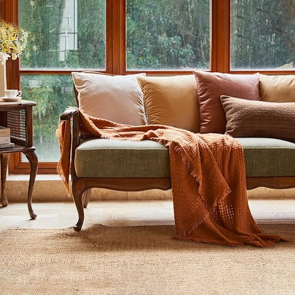 Plaid til sofa - Blød Boho Jul, Hyggelig Efterårsstrikket Orange Vaffel T