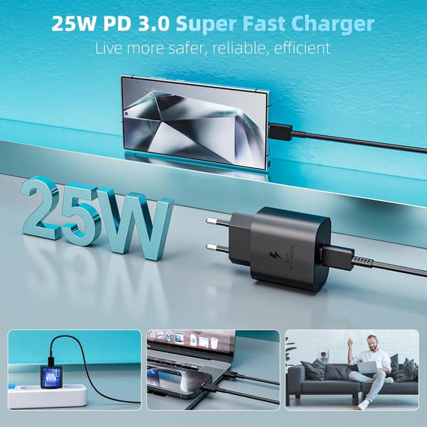 2-pack 25W snabb USB-C-laddare med 2m kabel för Samsung Galaxy-telefoner 2-pack 2pcak black