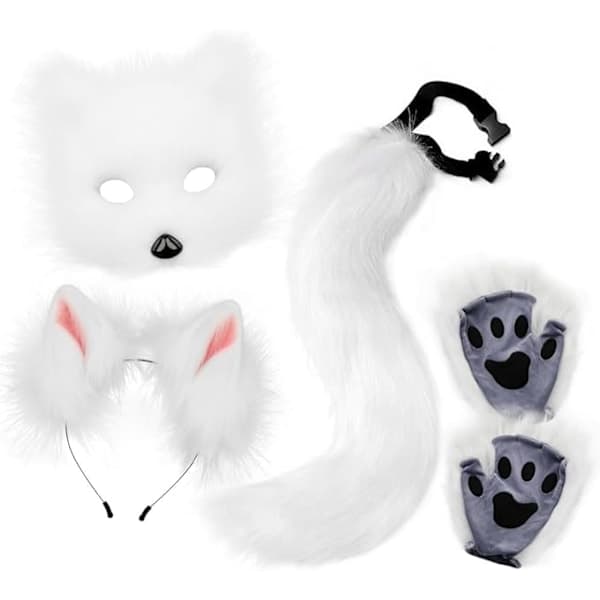 White Fox Ears and Tail Set with Paw Mittens for Halloween Cosplay white