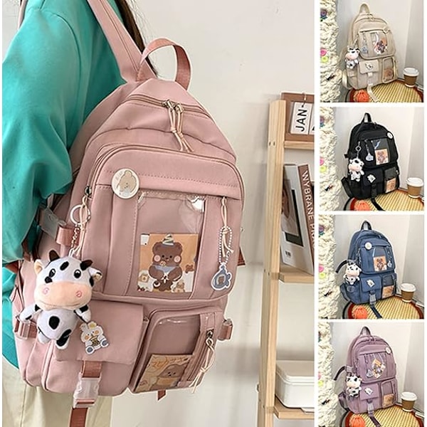 Kawaii Ryggsäck med Söta Nåltillbehör Plyschhänge Kawaii Skolryggsäck Söt Estetisk Ryggsäck-Beige{f2}