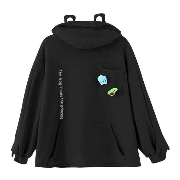 Fleece Hættetrøjer Frø Hættetrøje Vinter Varm Tyk Løs Oversized Sweatshirt Overtøj Sort L