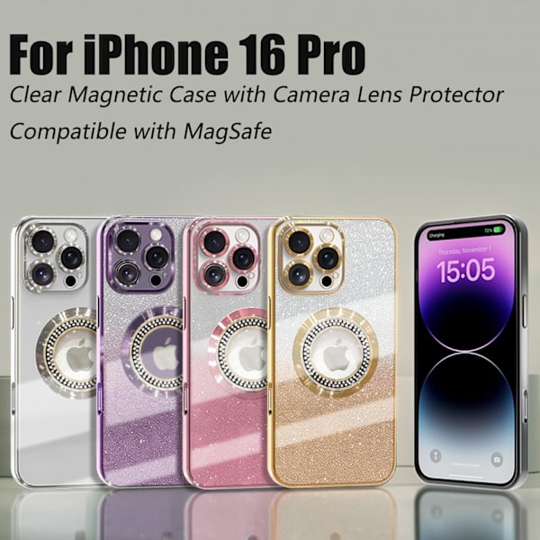 Misscase til iPhone 16pro Magnetisk Glitter Cover Kompatibelt med MagSafe, Fuld Beskyttelse Slankt Stødsikkert Anti-ridse Cover med Kamera[ee] black