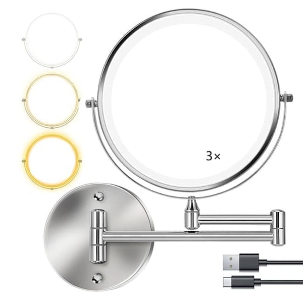 Wall Mounted Makeup Mirror with Lighting - 8 inch, 3x/10x Magnification, Dimmable with 3 Light Modes, 360° Rotatable Double-Sided Mirror Silver Silver 3X