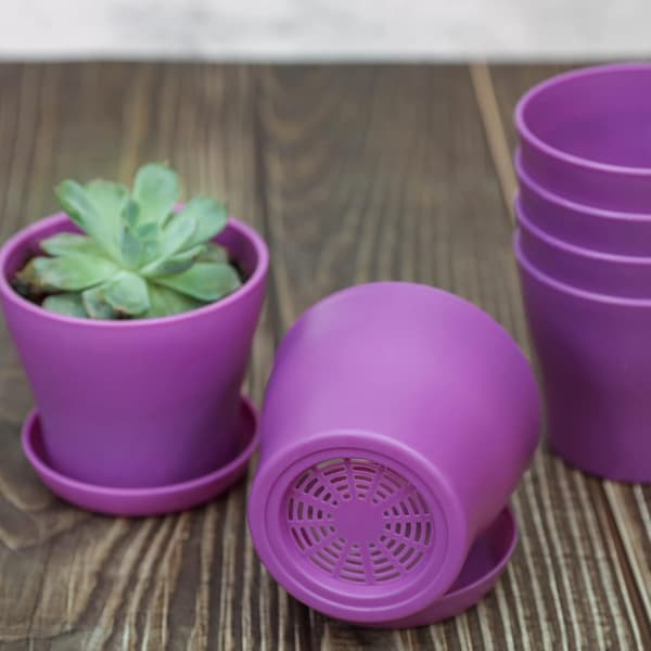 10-pak sorte blomsterpotter i resin med bakke til indendørs planter, 14x12 cm