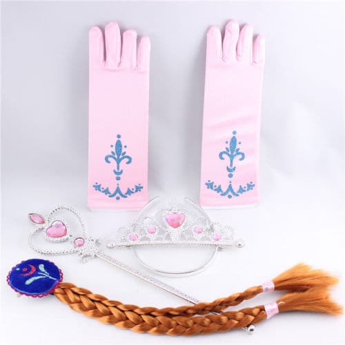 (ee) 4-pack Elsa och Anna prinsesset: Fläta, tiara, trollstav och ett par handskar pink