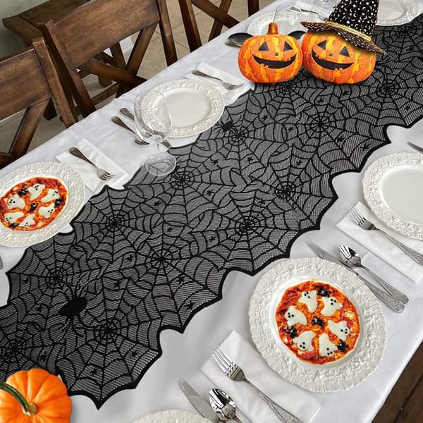 Halloween Dug Sort Blonde Edderkoppespind Design Til Fest Spisebordsdekorationer 33x183cm