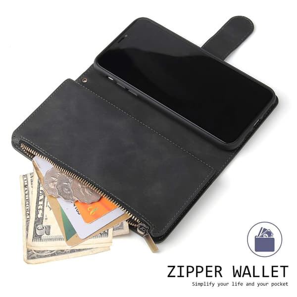 Wallet Case for iPhone 11, Zipper Wallet, Stand, Card Slots with Wrist Strap, Shockproof TPU Flip Case for iPhone 11 - Black