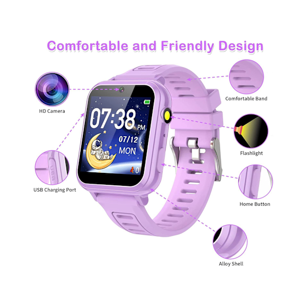 (Sort) Smartwatch til børn med 24 puslespil HD touchscreen kamera