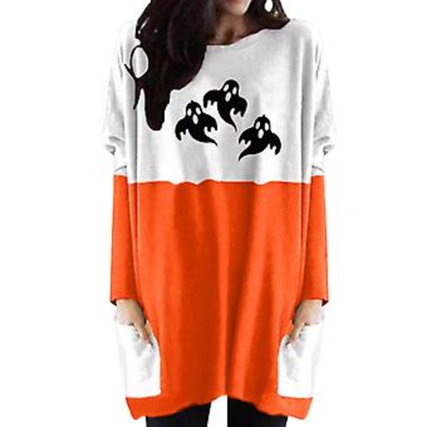 Halloween Kostumer til Kvinder, Trykt Løs Farve Matchende Casual Lange Halloween Hættetrøjer, Størrelse L