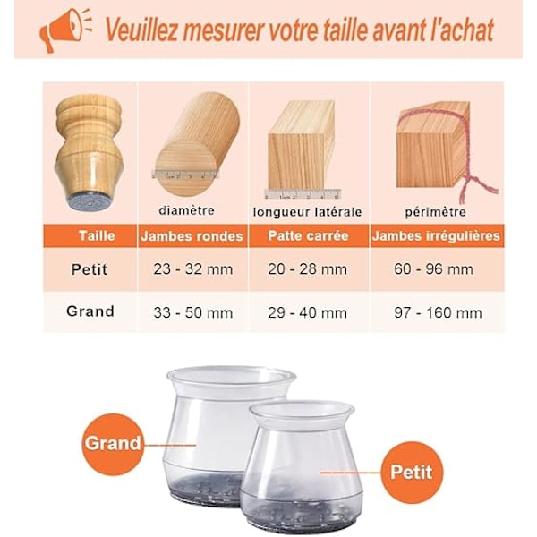32 stk Silikon stolbeskyttere, størrelse: Small (passer 23 - 32 mm), små stolglidere, transparente silikonbeskyttere for stolben med filt
