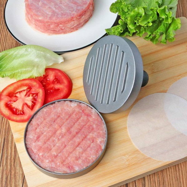 Burgerpress i livsmedelsklassat rostfritt stål med ABS-handtag, non-stick hamburgerpress 11,5 cm