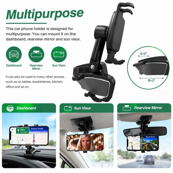 Universell mobilholder for bil 2 stk. bærbar 360-graders rotasjon multifunksjonelt feste