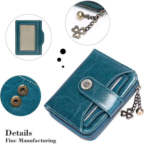 Damplånböcker för kvinnor Äkta läder Liten Bifold Kompakt Damplånbok med RFID-skydd A Peacock Blue