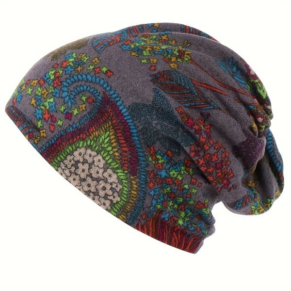 4 stk. Boheme Blomster Beanie Sæt - Blød Strækbar Kemoterapi Hovedbeklædning til Kvinder, Grå/Rød/Blå/Sort Efterår Vinter Hatte 4 Pieces