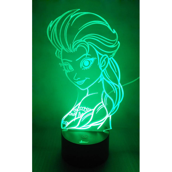 Prinsesse Elsa 3D Natlampe LED Illusionslampe Sengelampe, 7 Farveskiftende Lys med Akrylplade & ABS Base & USB Oplader
