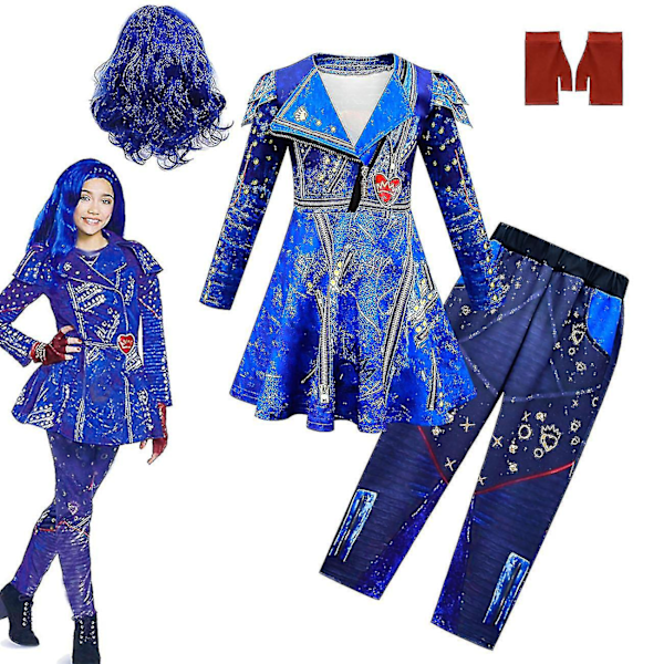 Blå Audrey Kostyme Sett Jenter Halloween Kostymer Barn Fest Evie Descendants 3 Mal Cosplay Kostymer Kjole Bukser Parykk.Som Vist7.150 (1012Y)