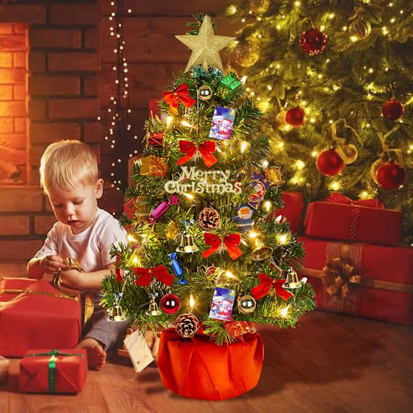 60 cm Kunstigt Juletræ, Mini Juletræ med Lysstreng og Pynt, Julebordspynt