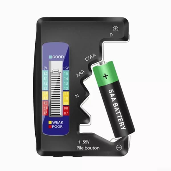 Denne batteritester har en LCD-skærm og kan teste batterier af forskellige kapaciteter, herunder 9V PP3, AAA, AA, C og knapcellebatterier.