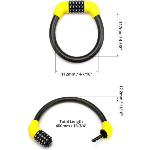 Cykellås Hög säkerhet cykellåskabel 400mm/10mm Cykelkombinationslås med 5-siffriga koder för cykelcykel, moto, dörr, grindstaket (gul)